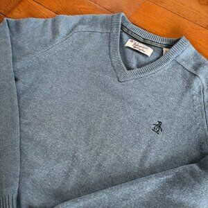 Penguin Sweater Mens‎ M V-Neck Knit Pullover 100% Lambswool Preppy Light Blue